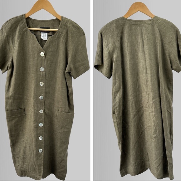 Vintage Dresses & Skirts - John Roberts Dress Women 8 Green Gray Brown Linen Pockets Raglan Shell Button